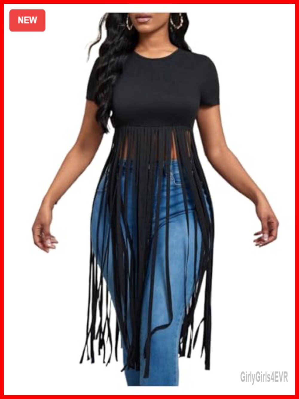 Women's Short Sleeve Fringe Trim Tee Crew Neck Slim Fit Summer Top